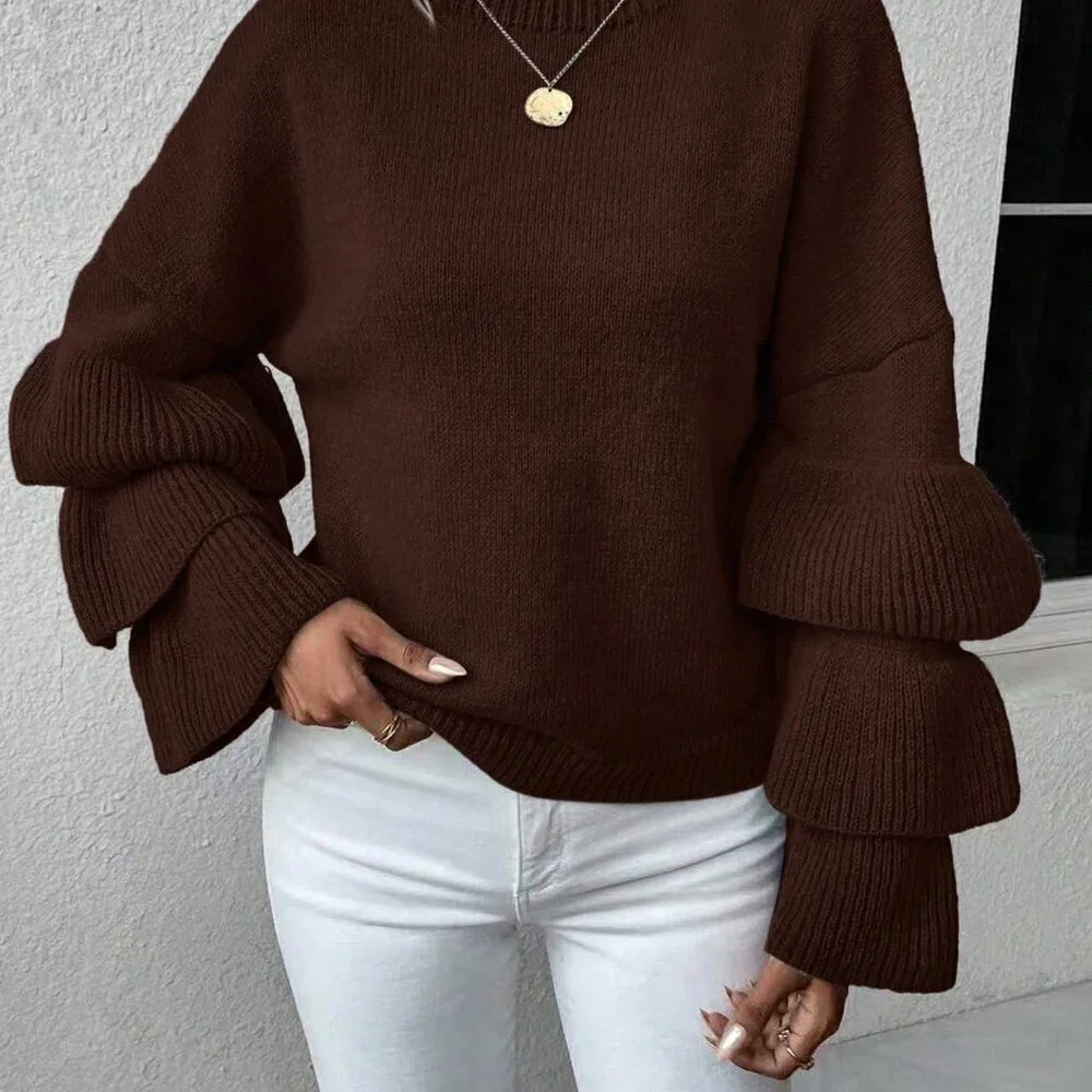Coffee Brown Casual Women's Loose Sweater with Ruffle Hem and Drop Shoulder